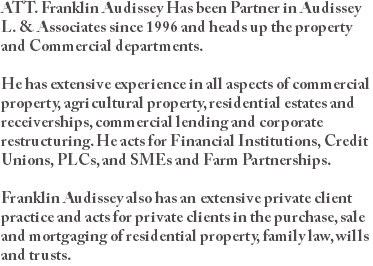 ATT. Franklin Audissey Has been Partner in Audissey L. & Associates since 1996 and heads up the property and Commercial departments. He has extensive experience in all aspects of commercial property, agricultural property, residential estates and receiverships, commercial lending and corporate restructuring. He acts for Financial Institutions, Credit Unions, PLCs, and SMEs and Farm Partnerships. Franklin Audissey also has an extensive private client practice and acts for private clients in the purchase, sale and mortgaging of residential property, family law, wills and trusts.